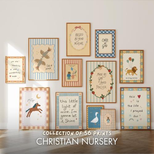 Christian Nursery Wall Art Set of 56, Bible Verse Prints for Baby Room, Gender Neutral Scripture Decor, Inspirational Kids Art, Faith Based