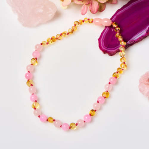 Natural Teething Relief - Baltic Amber & Healing Gemstones Necklace with Rose Quartz & Pink Jade – Powell's Owls