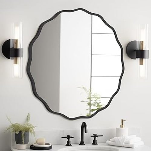 WallBeyond Round Wavy Mirror for Wall Decorative 28 inch, Modern Round Mirror Aluminum Frame for Bathroom Bedroom Living Room Home House Office Entryway, Black