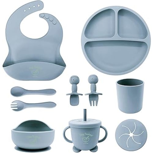 10-Piece Baby Feeding Set – BPA-Free, Spill-Proof Suction Plate, Bowl, Bib, Snack Cup & Utensils | Dishwasher Safe, Baby Gift Ready (Blue)