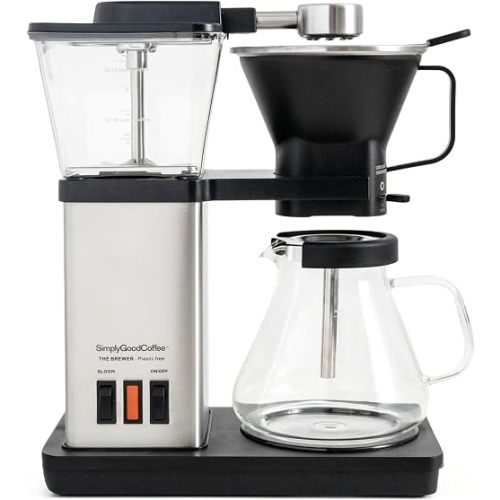 SimplyGoodCoffee THE BREWER - Plastic-Free. Coffee Maker/Coffee Machine. 8 Cup Automatic Drip Pour Over Coffee Brewer. Brewer Free of Plastic, Gold Cup Standard. Black/Stainless Steel