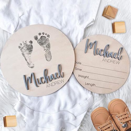 NAZENTI Personalized Baby Name Announcement Wooden Signs, Custom Birth Announcement And Footprint Sign For Hospital, Welcome Sign For Decor, Baby's Arrival Decor, Gifts For Baby Girl Or Boy Shower