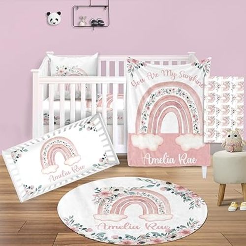 Custom Baby Crib Bedding Set - 5 Piece Nursery Crib Set Balls & Rainbow Design - Personalized Name Baby Blanket, Crib Fitted Sheet, Changing Pad Cover, Pillow Cover, Rug for Newborns Rainbow02