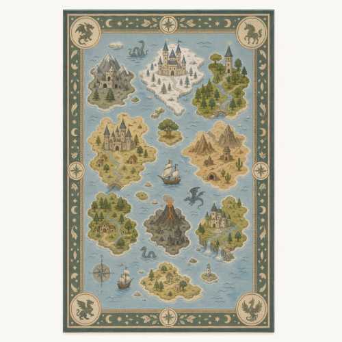 Fantasy Map Kids Rug, Dragon Castle Adventure Nursery Print, Playroom Decor