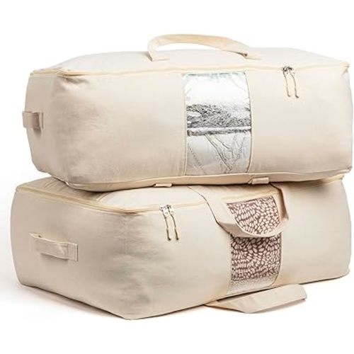 Soft Canvas Storage Bags with Zipper. Thick Breathable, 2pc King/Queen Comforter Organizer. Four Carrying Handles and Window. Large 25x19x9in Bag for Sheets Blankets Bedding Pillows, Clothes