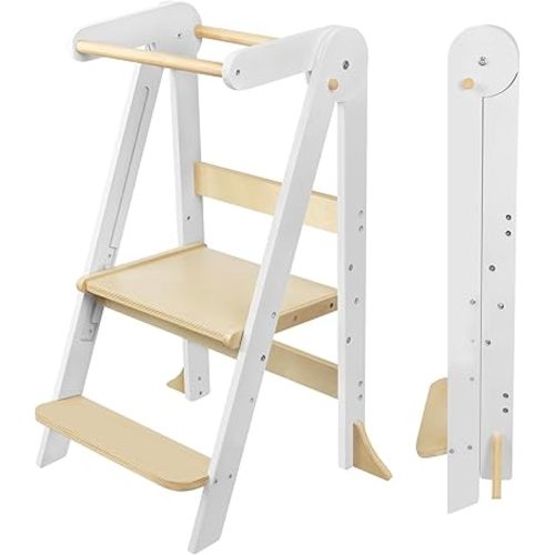 Foldable Toddler Step Stool for Kitchen - Adjustable Wooden Kitchen Helper with Safety Rail & Anti-Tip Feet, Montessori Counter Standing Tower for Kids 2-6 Years (White)
