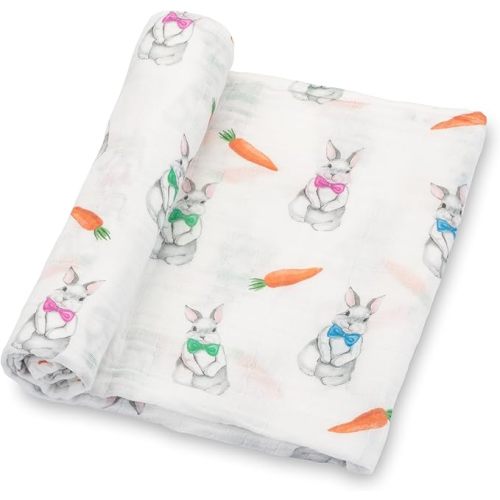 LollyBanks Swaddle Blanket, 100% Cotton,  47 x 47 Inches (Bunny Print)