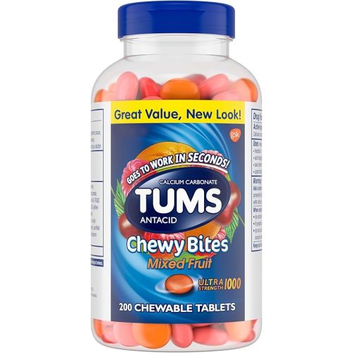 TUMS Chewy Bites Chewable Antacid Tablets for Ultra Strength Heartburn Relief, Great for a Summer BBQ- Mixed Fruit - 200 Count