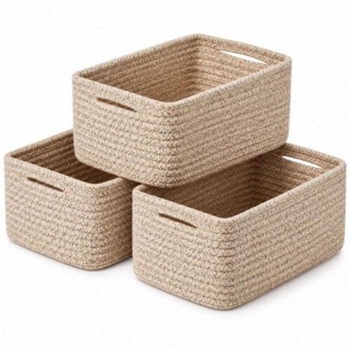 Alilang 3 Piece Rectangular Woven Cotton Cord Desktop Storage Basket Set - Khaki