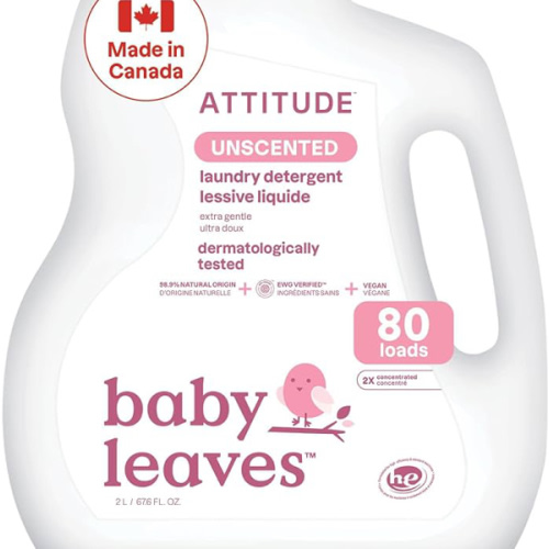 ATTITUDE Baby Laundry Detergent Liquid, Made in Canada, EWG Verified, Safe for Baby Clothes, Infant and Newborn, Vegan and Naturally Derived Washing Soap, HE Compatible, Unscented, 80 Loads, 2 Liters