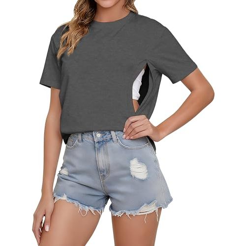 Comfort Breastfeeding Shirts for Women Zip Nursing Tops Causal Distressed Acid Washed Maternity Tees