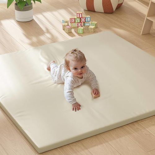 Padded Baby Play Mat, 1.3 Inch Thicken Foam Cushioned & 50 x 50 Waterproof Playpen Mat for Infants and Toddlers, Stylish and Just Wipe-Clean Playmat for Baby Play on Floor, Beige