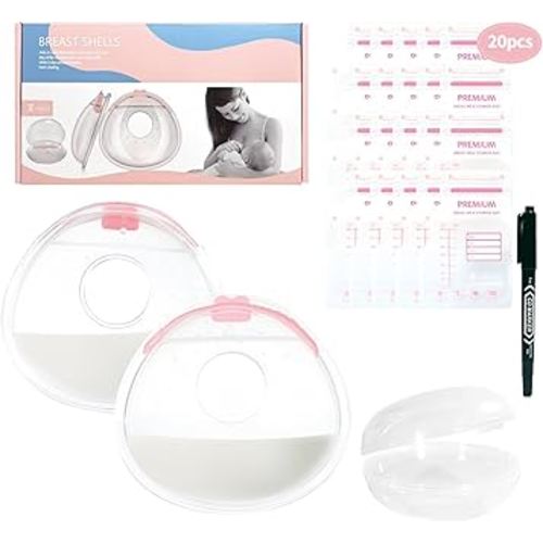 Oiomniv Breast Milk Collector, 2PCS Milk Collectors for Breastfeeding Reusable Breast Shells, Silicone Breastmilk Collection Nursing Cup BPA Free Milk Saver, with 20 PCS Milk Storage Bags, Storage Box