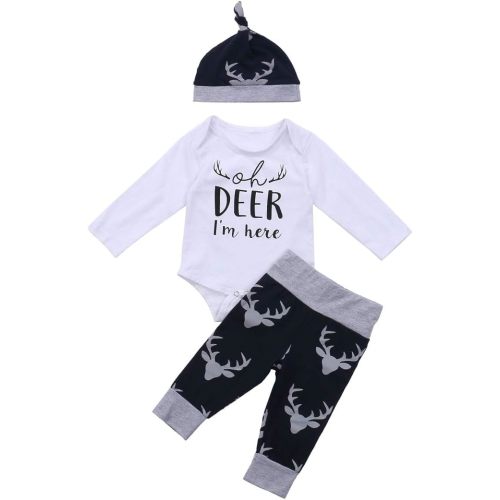 Newborn Baby Boys Long Sleeve Letters Deer Romper Bodysuit Tops Camo Pants with Hat 3 Pcs Outfit Clothes Set