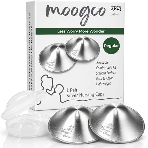 MOOGCO The Original Silver Nursing Cups - Nipple Shields for Breastfeeding Newborn - Breastfeeding Essentials - Solid 925 Sterling Silver Nipple Covers (Regular Size, Set of 2)