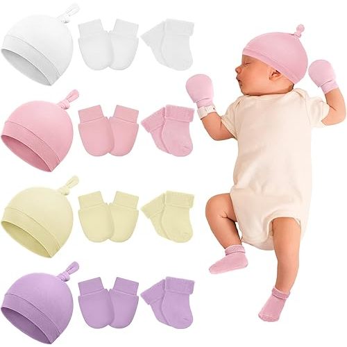 Ramede 4 Pack Preemie Hats Mitten and Socks Set Cotton Preemie Cap No Scratch Mittens Warm Terry Socks for Girls Boys