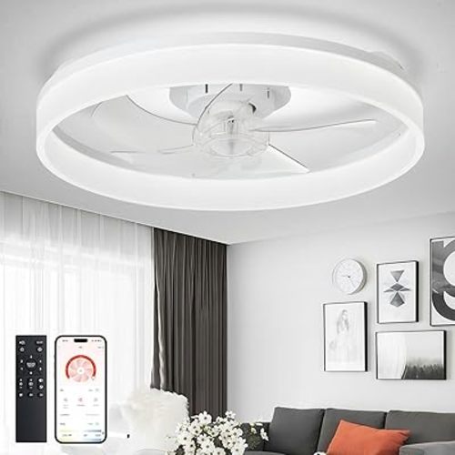 DLLT Modern Ceiling Fans with Lights: 20" Flush Mount Low Profile Ceiling Fan with APP Remote Control - White LED Bladeless Fandelier Dimmable Quiet DC Motor for Bedroom Living Room