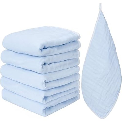 Muslin Burp Cloths 100% Cotton 20''x10'' Hand Washcloths for Baby, Super Soft and Absorbent 6 Layers Baby Burping Cloth for Boys Girls (Blue, 6 Pack)