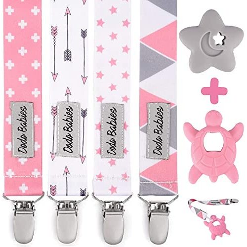 Dodo Babies Pacifier Clip & Teether Toy Set - Four Clips Plus Two Silicone Teether Toys - Universal Holder Fits Most Paci Brands - Fun Pink and Gray Prints for Girls or Boys