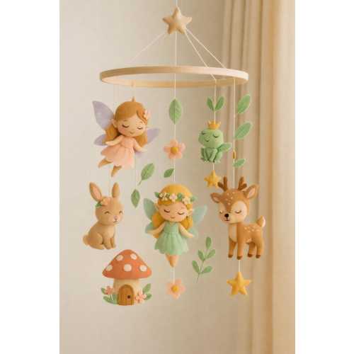 Handmade Felt Baby Mobile, Woodland Fairy Nursery Decor, Neutral Pastel Baby Room Hanging, Baby Shower Gift