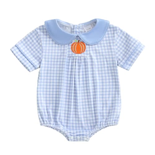xkwyshop Newborn Baby Boy Girl Halloween Outfit Pumpkin Plaid Bubble Romper Short Sleeve Peter Pan Collar Bodysuit Clothes
