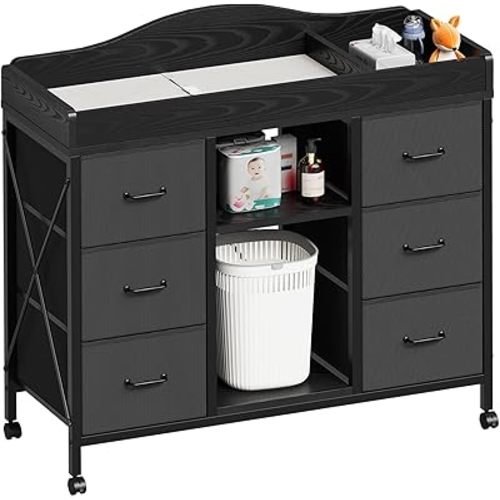 Yetom Changing Table, 6-Drawer Baby Dresser with Changing Table top,Waterproof Diaper Changing Station & Pad, 2 Height-Adjustable Open Storage Shelves, Mobile Nursery Organizer, Black