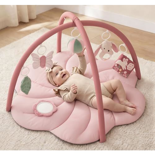 Blissful Diary Baby Play Gym Mat, Tummy Time with 6 Detachable Toys for Sensory & Motor Skill Development, Baby Activity Mat for Girl Boy Newborn Essentials Shower Gift, Pink Floral