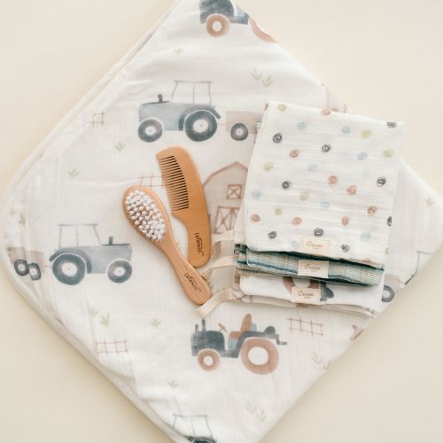 Charlie Tractor Baby Towel and Washcloth Set | Crane Baby