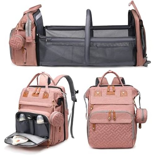 Jeryswet - Mochila para pañales con cambiador, impermeable, de gran capacidad, para mamás y papás, con puerto de carga USB y correas para cochecito, regalos para baby shower, color rosa