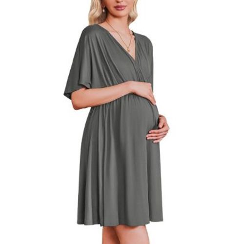 Ekouaer 3 in 1 Labor and Delivery Gown for Hospital Short Sleeve Maternity Nursing Dress Nightgown Postpartum Sleepwear Dark Grey XL