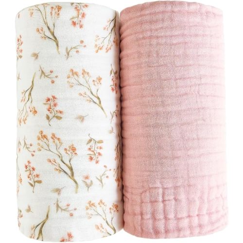 Pack of 2 Ultra Soft Muslin Baby Blankets for Girls Boys Breathable Lightwight Cotton Muslin Swaddle Blankets for Infant Toddler Newborn Nursery Swaddling Wrap 43"X43" (Floral and Pink)