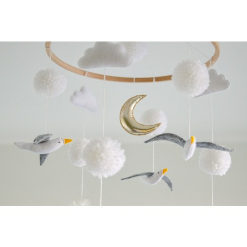 Ocean nursery mobile Hanging Seagulls Newborn nursery Monochrome Sea nursery decor Baby shower gift Neutral Moon Pom poms Clouds Coastal