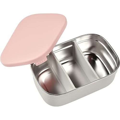 Beaba Stainless Steel Lunch Box, Kids Lunch Box with Silicone Lid, Bento Style Food Containers, Removable Silicone Dividers Make 1-3 Compartments, Rose