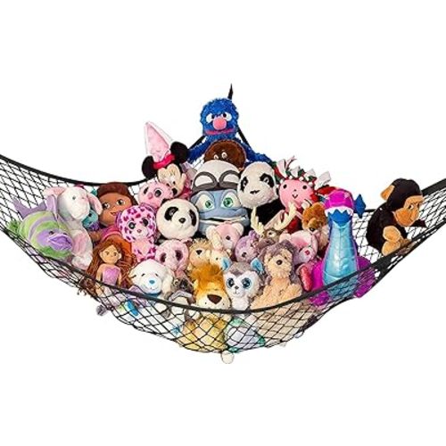 Lilly's Love Large Stuffed Animal Hammock | Corner Hanging Organizer, Stuffed Animal Storage | Easy to Hang Plushie Net w/Included Anchors & Hooks | Cute Room & Bedroom Decor (Black)