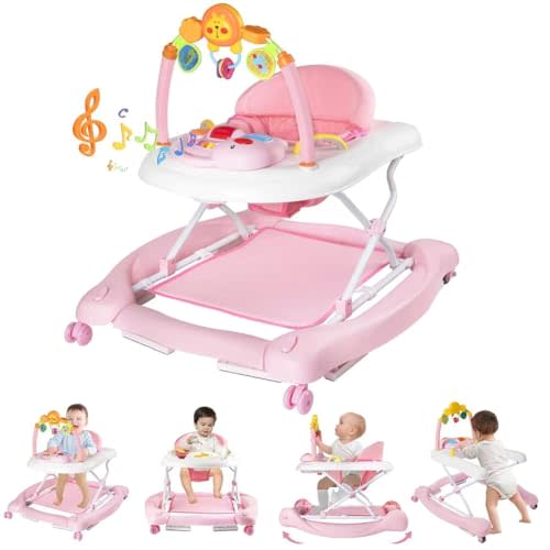 RefoereBabe Baby Walker with Wheels, 5 in 1 Baby Walkers for Boys Girls 6-12 Months, Foldable Walker Baby with Bouncer & Feeding Tray, Music, Adjustable Heights