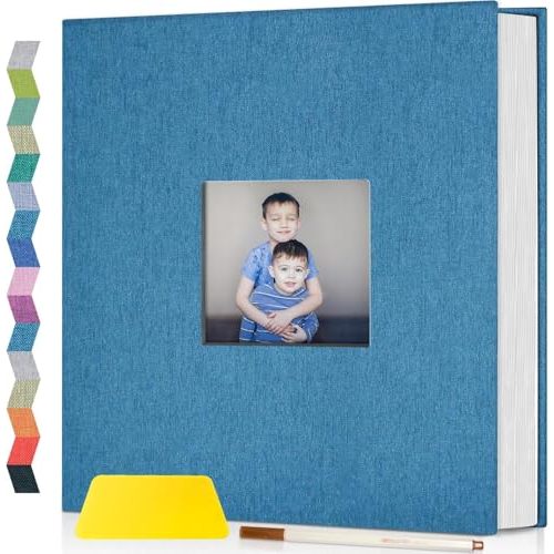 Popotop Photo Album Self Adhesive with Picture Display Window,60 Pages DIY Scrapbooking Supplies Kit for 4x6 8x10 Picture,Linen Cover Memory Book for Baby Wedding, with Scraper and Metallic Pen