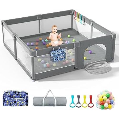 LUTIKIANG Extra Large Playpen for Toddlers, 79" X 71" with Gates, Baby Play Yards, Safety Indoor Play Area, Ocean Balls (Grey)