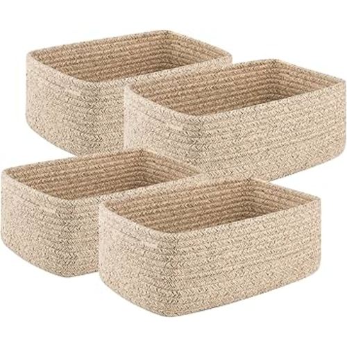 4 Pack Small Storage Shelf Baskets for Organizing, Mini Woven Rope Storage Bins for Towels, Cute Decorative Closet Organizer,Baby Nursery, Gift Empty Baskets -13''Lx8.66''Wx5.11''H-Brown