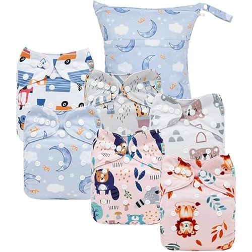 ALVABABY Cloth Diaper Covers 6pcs and 1 Wet Dry Bag, Washable Reusable Diaper Cover with Multi-Functional Bag, Shell for Prefold, Flat or Fitted Cloth Diaper Inserts 6NKZ10