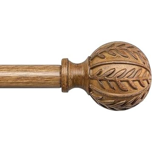 Wood Curtain Rods for Windows 66 to 120 Inch, 1'' Adjustable Decorative Drapery Rods with Imitation Wood Grain Leaf Pattern Finials, Boho Heavy Duty Long Window Curtain Rods Set 36''-120''