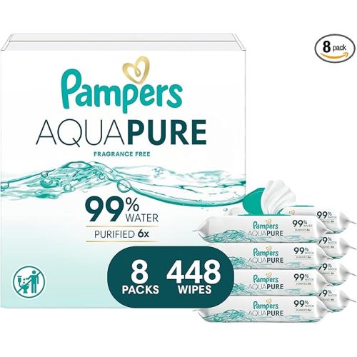Pampers Aqua Pure Baby Wipes, 99% Water, Fragrance Free, 448 Baby Wipes Total (8X Flip-Top Packs) [Packaging May Vary]