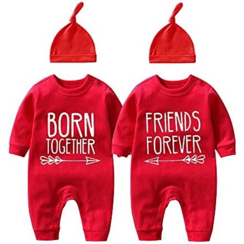 YSCULBUTOL Baby Twins Bodysuit Born Together Friends Forever Newborn Clothes Unisex Twin Outfits With Hat