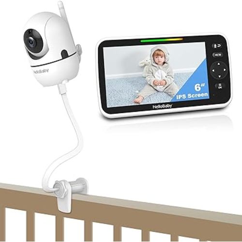 HelloBaby 6'' World First IPS 30H Battery Split-Screen Video Baby Monitor with Crib Clip, No WiFi, Pan-Tilt-Zoom, VOX, 2-Way Talk, Night Vision, 8 Lullabies, 1000ft, for New Parents/Elderly