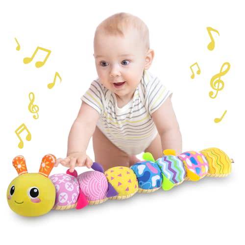 KMUYSL Baby Toys 0-12 Months, Musical Animal Stuffed Toy with Crinkle, Rattles & Lullaby, Plush Toy for Infant Newborn, Yellow Fabric Cotton