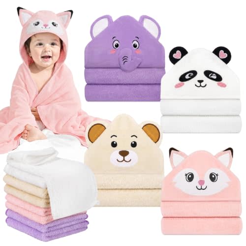 12 PCS Baby Bath Towels Set, Baby Towels for Infant Newborn Bath Essentials | 4 PCS Baby Towels & 8 PCS Washcloths Set, Cute Animal Hooded, Ultra Absorbent & Soft, Newborn Shower Gifts for Boys & Girls