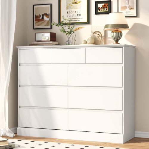 9 Drawers Dresser for Bedroom, Wood Chest of Drawers, Wide Closet Storage Dressers Organizer for Hallway, TV Stand for Living Room, White