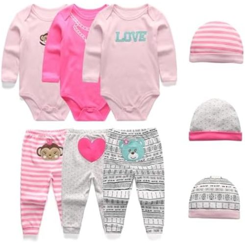 Baby Long Sleeve Bodysuits Newborn Clothes 9-Piece Jumpsuits Pant Hat Set for Boys and Girls