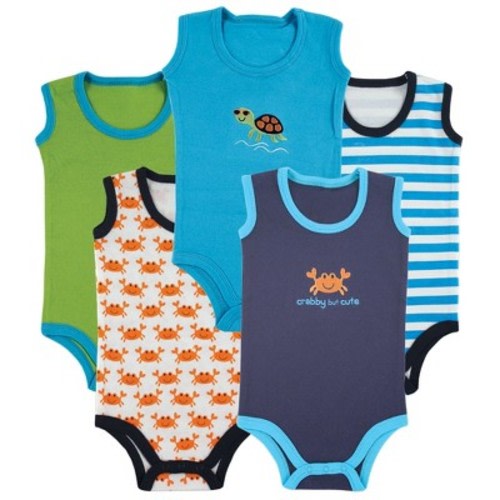 Luvable Friends Baby Boy Cotton Sleeveless Bodysuits 5pk, Crab, 0-3 Months