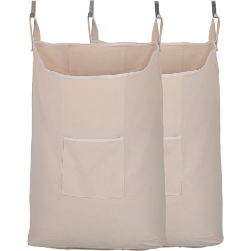 Laundry Hamper with Front Pocket,Door Hanging Laundry Bag, Beige, 2PC X 65L