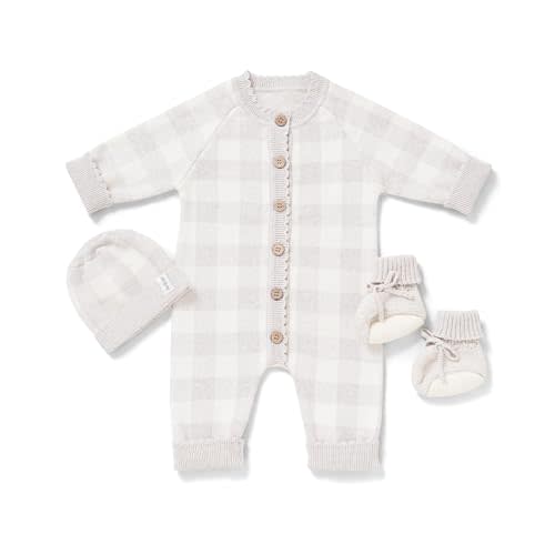 Avibae 3-Piece Cotton Newborn Baby Set with Knit Romper, Hat, Booties for Boys and Girls,Long Sleeve Cute Infant Outfit